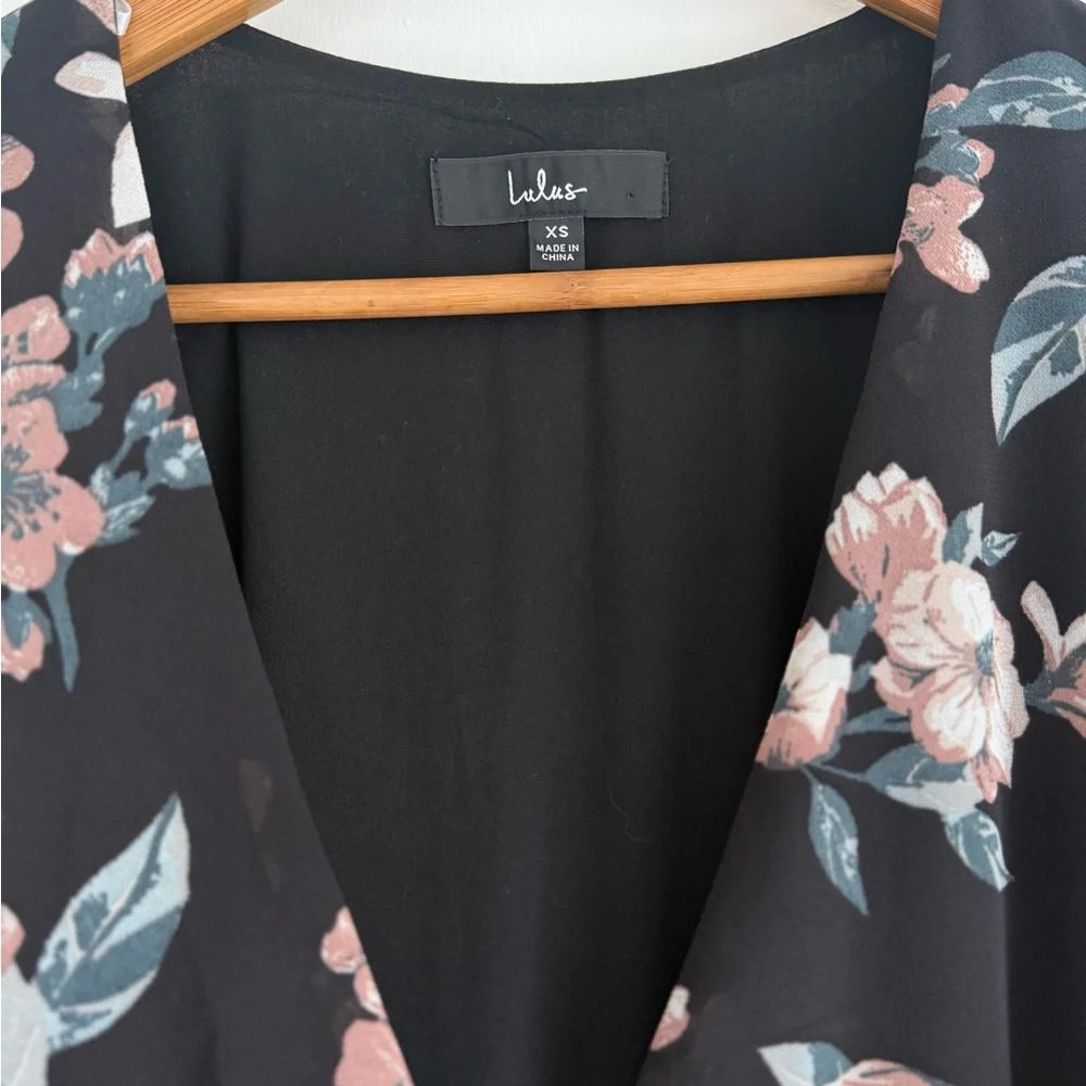 Lulu's Blooming Whimsy Black Floral Pleated Midi Wrap Dress - Picture 11 of 14